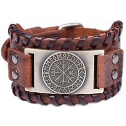 fishhook Norse Viking Vegvisir Compass 24 Amulet Runes Talisman Bangle Leather Bracelet