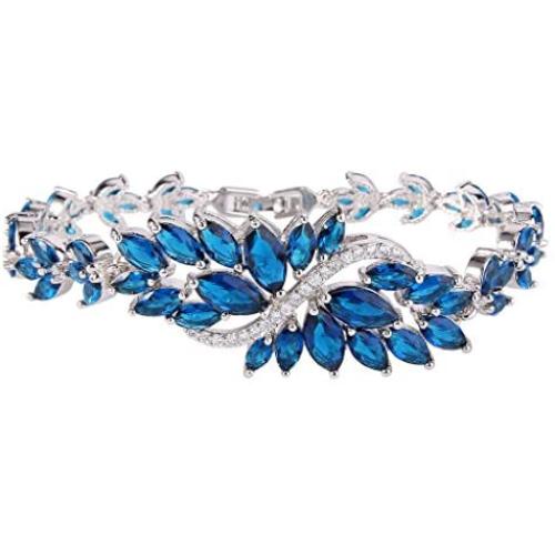 EVER FAITH Womens Cubic Zirconia Wave Marquise Shape Leaf Tennis Bracelet