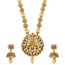 MUCH-MORE Gold Tone Pearl Temple Jewelry Polki Necklace Set Indian Traditional Jewelry (PN-2394)