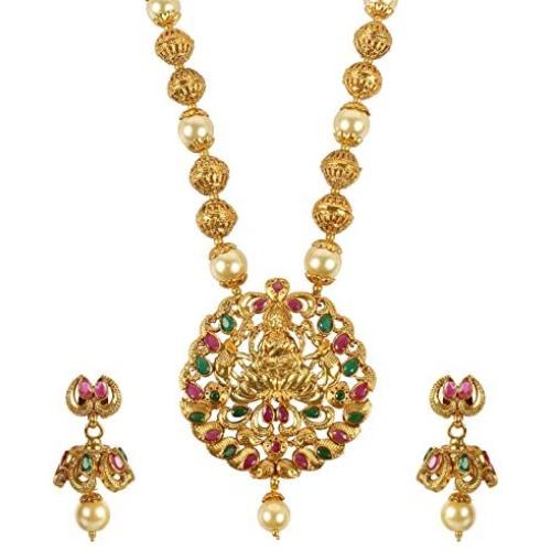 MUCH-MORE Gold Tone Pearl Temple Jewelry Polki Necklace Set Indian Traditional Jewelry (PN-2394)