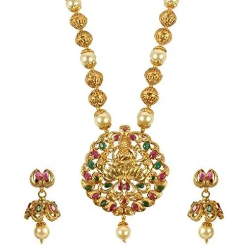 MUCH-MORE Gold Tone Pearl Temple Jewelry Polki Necklace Set Indian Traditional Jewelry (PN-2394)