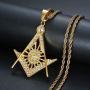 Lee Island Fashion 24K Gold Plated CZ Fully Iced-Out Freemason Pendant Stainless Steel Necklace, 24 inch Chain Jewelry