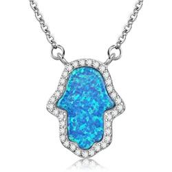 Kaletine Hamsa Hand of Fatima Pendant Necklace Sterling Silver 925 Synthetic Opal Cable Chain 16''+2'' Extender