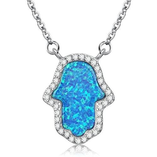 Kaletine Hamsa Hand of Fatima Pendant Necklace Sterling Silver 925 Synthetic Opal Cable Chain 16''+2'' Extender