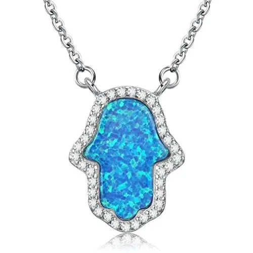 Kaletine Hamsa Hand of Fatima Pendant Necklace Sterling Silver 925 Synthetic Opal Cable Chain 16''+2'' Extender