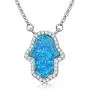 Kaletine Hamsa Hand of Fatima Pendant Necklace Sterling Silver 925 Synthetic Opal Cable Chain 16''+2'' Extender