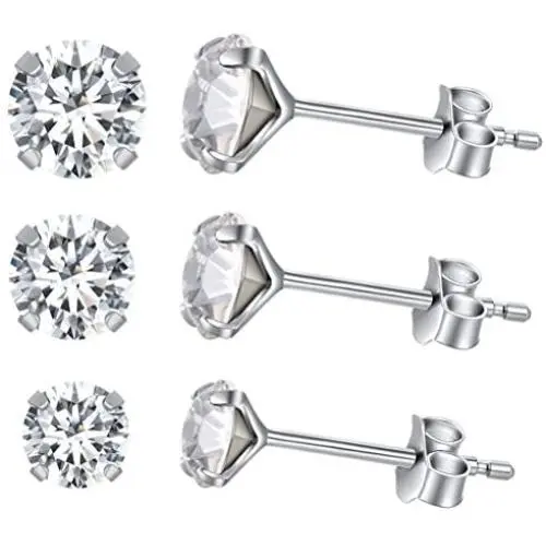 Yan & Lei Sterling Silver Ear Studs Set of 3 Pairs with Round Rhinestone in 4 mm, 5mm and 6 mm