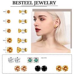 Besteel 10 Pairs Stainless Steel CZ Stud Earrings for Women Men Tragus Round Cubic Zirconia Flat Back Screw Back 20G Ear Piercing Set 3MM-7MM