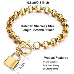 Sainless Steel Lock Pendant Toggle Clasp Necklace Bracelet Set OT Dainty Gold Silver Punk Chunky Chain Jewelry Set for Women Men Egirls Party Bar Gift