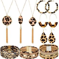 Yaomiao 9 Pieces Leopard Print Jewelry Set Leopard Leather Bracelets Dangle Earrings and Necklaces for Women
