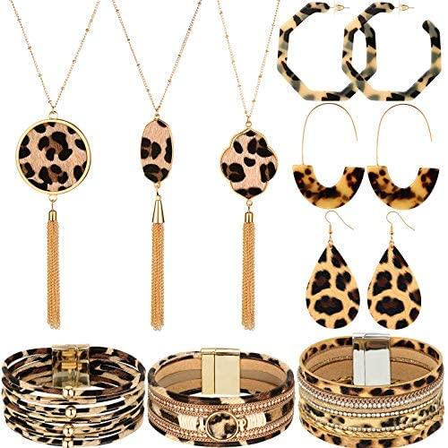 Yaomiao 9 Pieces Leopard Print Jewelry Set Leopard Leather Bracelets Dangle Earrings and Necklaces for Women