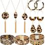 Yaomiao 9 Pieces Leopard Print Jewelry Set Leopard Leather Bracelets Dangle Earrings and Necklaces for Women