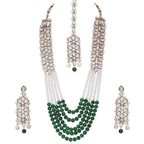 Aheli Classy Faux Kundan Beaded Pearl Long Necklace with Maang Tikka Set Indian Ethnic Wedding Bridal Jewelry for Women