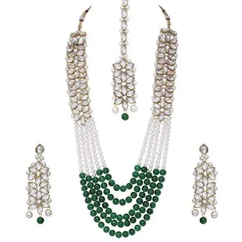 Aheli Classy Faux Kundan Beaded Pearl Long Necklace with Maang Tikka Set Indian Ethnic Wedding Bridal Jewelry for Women Aheli Classy Faux Kundan Beaded Pearl Long Necklace with Maang Tikka Set Indian Ethnic Wedding Bridal Jewelry for Women