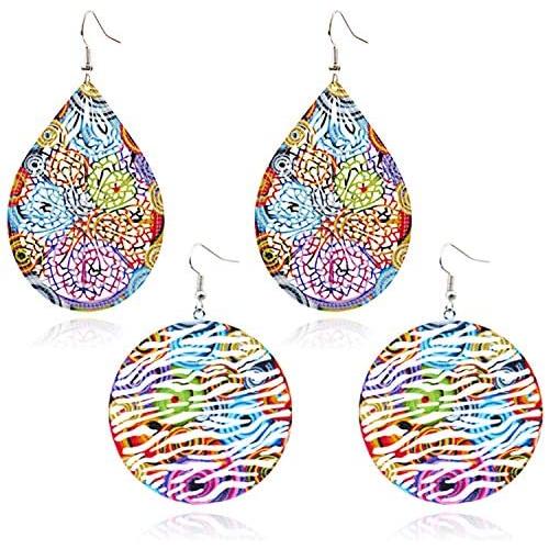 ZRosse 2 Pairs Bohemia Ethnic Colorful Hollow Round Leaf Dangle Drop Earrings Boho Fashion Psychedelic Colorful Hollow Ethnic Jewelry for Women and Girls