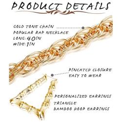 Hanpabum Gold Plated Chunky Rope Chain Necklace and Large Hollow Casting Triangle Bamboo Hoop Earrings Set for Men Women Costume Jewelry Punk Hip Hop Rapper Style