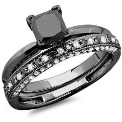 Dazzlingrock Collection 1.50 Carat (ctw) Black Rhodium Plated 10K Black & White Diamond Bridal Ring Band Set 1 1/2 CT, White Gold