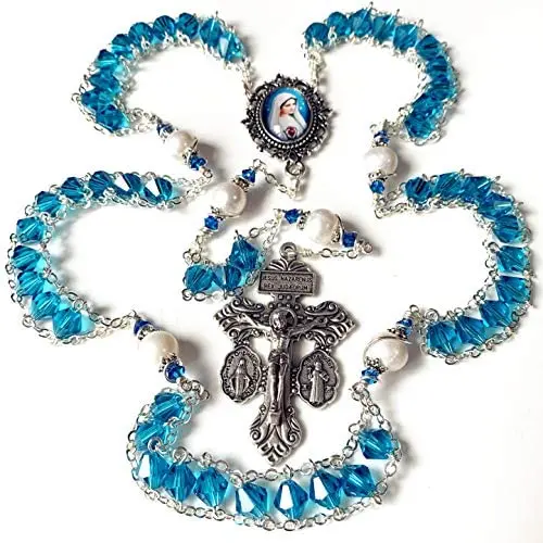elegantmedical Ladder to Heaven Blue Crystal & AAA10MM Pearl Beads Catholic Rosary Cross crucifix Necklace gift elegantmedical Ladder to Heaven Blue Crystal & AAA10MM Pearl Beads Catholic Rosary Cross crucifix Necklace gift