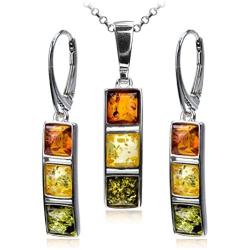 Sterling Silver Multicolor Amber Earrings Necklace Set 18 Inches