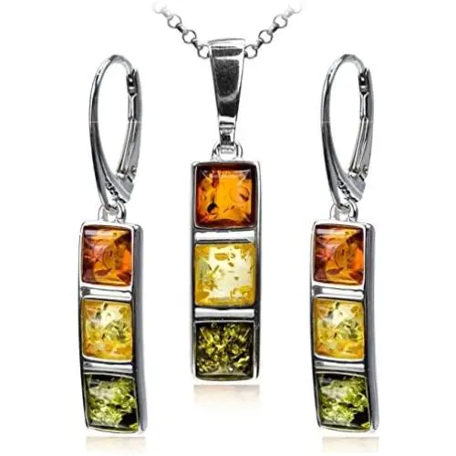 Sterling Silver Multicolor Amber Earrings Necklace Set 18 Inches