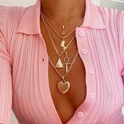 Acedre Boho Gold Maple Choker Necklace Heart Pyramid Layered Pendant Necklace Chains Egyptian Pharaoh Beach Adjustable Jewelry Accessory for Women and Girls