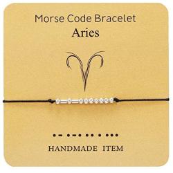 Couple Morse Code 12 Constellation Bracelet Silver Bead Zodiac Star Sign Horoscope Bangle with Card Friendship Birthday Jewelry Gifts