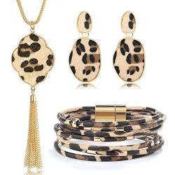 Jstyle 3Pcs Leopard Jewelry Set for Women Long Chain Necklace Leather Multilayer Cuff Bracelets Drop Dangle Earrings Fashion Statement Jewelry