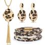 Jstyle 3Pcs Leopard Jewelry Set for Women Long Chain Necklace Leather Multilayer Cuff Bracelets Drop Dangle Earrings Fashion Statement Jewelry