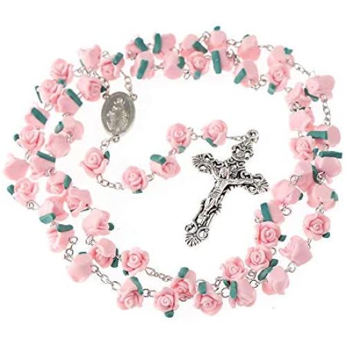 YWLI Rosary Beads Catholic - 6 Color, Confirmation Gifts for Teenage Girl, Polymer Clay Rose Necklace Jewelry, Silver Alloy Cross Necklace for Women, Gifts for Women