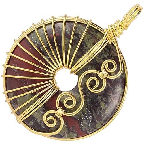 SUNYIK Lucky Coin Wire Wrapped Crystal Stone Pendant Necklace for Women Men, Healing Crystal Donut Amulet Jewelry for Unisex