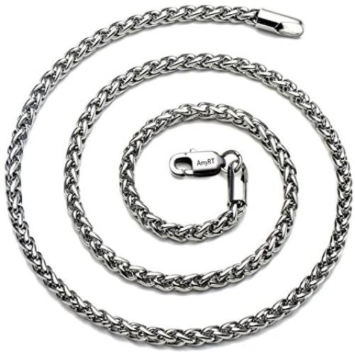 AmyRT Jewelry 4mm Titanium Steel Wheat Silver Chain Necklaces for Men & Women 16 to 30 Inches