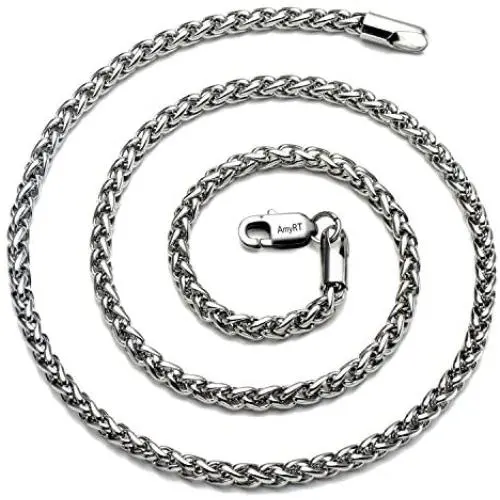 AmyRT Jewelry 4mm Titanium Steel Wheat Silver Chain Necklaces for Men & Women 16 to 30 Inches AmyRT Jewelry 4mm Titanium Steel Wheat Silver Chain Necklaces for Men & Women 16 to 30 Inches