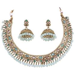 SANARA Traditional Indian Bollywood Gold Plated Stone Made Pearl Choker Necklace Earring Set Women Wedding Wear Jewelry