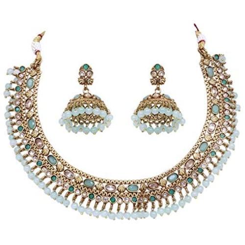 SANARA Traditional Indian Bollywood Gold Plated Stone Made Pearl Choker Necklace Earring Set Women Wedding Wear Jewelry