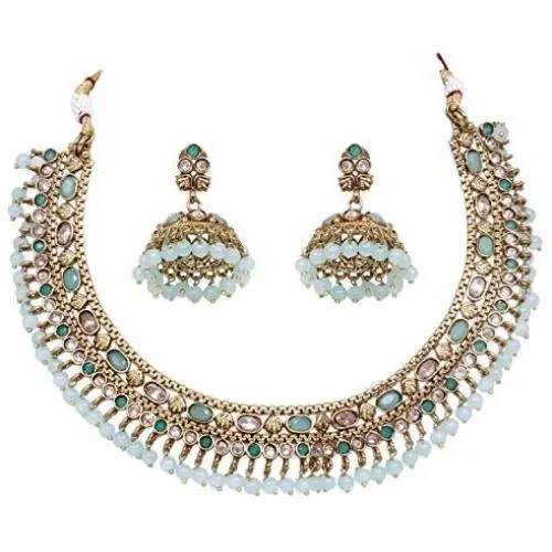 SANARA Traditional Indian Bollywood Gold Plated Stone Made Pearl Choker Necklace Earring Set Women Wedding Wear Jewelry
