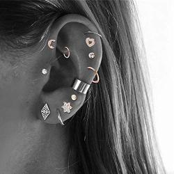 Jstyle 9Pcs Stainless Steel Helix Cartilage Tragus Stud Earring Hoops for Women Grils CZ Barbell Piercing Earrings Stud Piercing Jewelry