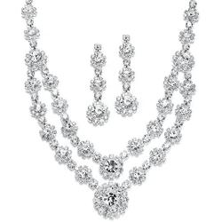 Mariell Silver 2 Row Rhinestone Crystal Necklace and Earrings Set - Prom, Brides and Bridesmaids Jewelry