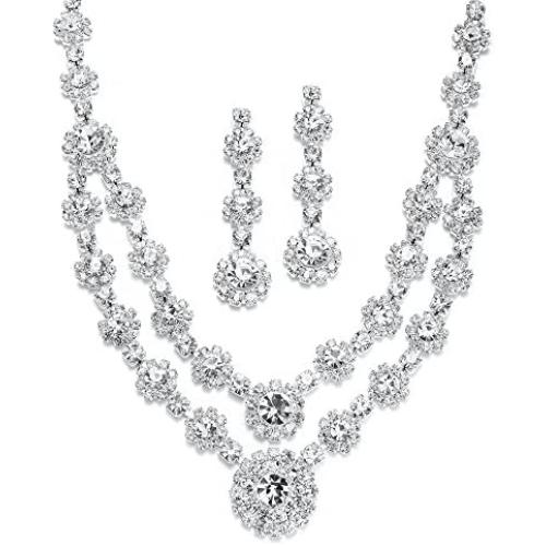Mariell Silver 2 Row Rhinestone Crystal Necklace and Earrings Set - Prom, Brides and Bridesmaids Jewelry