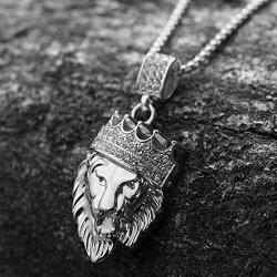 Aiyo Fashion Hip Hop Jewelry Crown Lion Head Pendant Iced Out Clear Rhinestones Curb Cuban Chain Stainless Steel Necklace