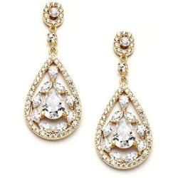 Mariell Gold Dangle Earrings for Brides, Wedding or Prom - Vintage Pear-Shape CZ Statement Chandeliers