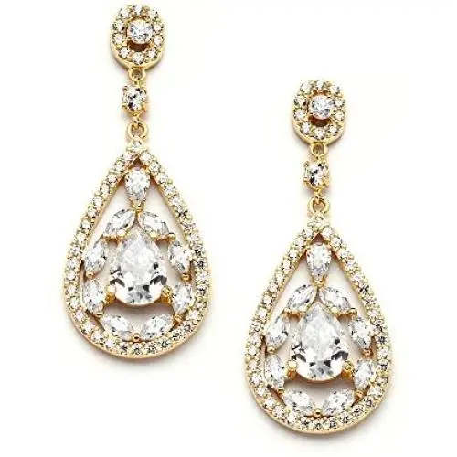 Mariell Gold Dangle Earrings for Brides, Wedding or Prom - Vintage Pear-Shape CZ Statement Chandeliers Mariell Gold Dangle Earrings for Brides, Wedding or Prom - Vintage Pear-Shape CZ Statement Chandeliers