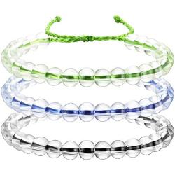 3 Pieces Transparent Glass Bead Bracelet Bead Bracelet Upcycled Jewelry Weaving Bracelet Adjustable Handmade Unisex Design (Blue, Black, Green)