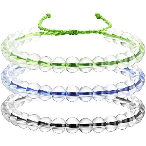 3 Pieces Transparent Glass Bead Bracelet Bead Bracelet Upcycled Jewelry Weaving Bracelet Adjustable Handmade Unisex Design (Blue, Black, Green)