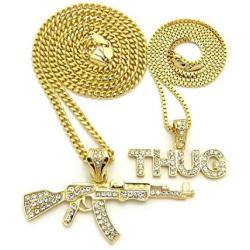 Shiny Jewelers USA Mens ICED Out Machine Gun AK 47 Chopper Thug Life Mob Pendant Chain Necklace Set