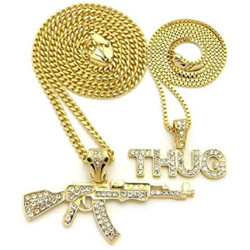 Shiny Jewelers USA Mens ICED Out Machine Gun AK 47 Chopper Thug Life Mob Pendant Chain Necklace Set
