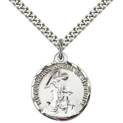 F A Dumont Sterling Silver Guardian Angel Pendant with 24'' Stainless Steel Heavy Curb Chain.