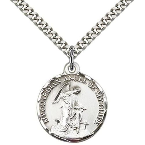 F A Dumont Sterling Silver Guardian Angel Pendant with 24'' Stainless Steel Heavy Curb Chain.
