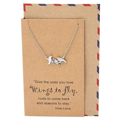Quan Jewelry Mother and Baby Little Birds Necklace for Women, Animal Pendant Gifts for Moms, Mothers Day Family Jewelry with Inspirational Dalai Lama Quote on Greeting Card, Silver Tone