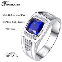 BONLAVIE Mens Engagement Ring 925 Sterling Silver Princess Cut Created Blue Sapphire Pave CZ Wedding Band Size 6-13