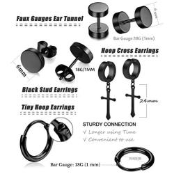 WAINIS 12Pairs Stud Earrings Dangle Hinged Hoop Earrings Set for Men Women Stainless Steel Huggie Earring Set 18G